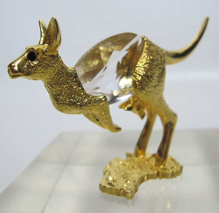 Vintage Collectible Crystal Kangaroo Gilded Gold Tone Pewter Figurine
