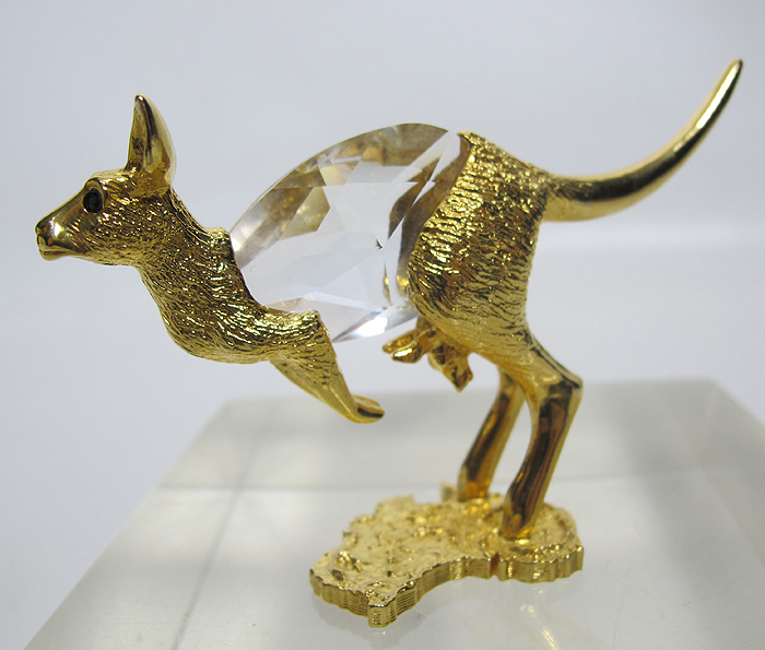 Vintage Collectible Crystal Kangaroo Gilded Gold Tone Pewter Figurine