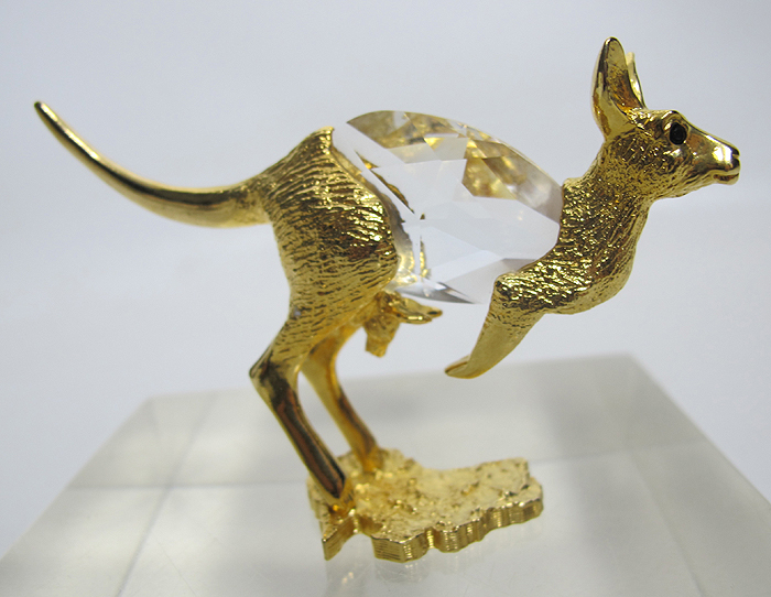 Vintage Collectible Crystal Kangaroo Gilded Gold Tone Pewter Figurine