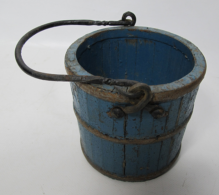 19th C Antique Blue Firkin Mini Sugar Bucket Cast Iron Primitive Folk