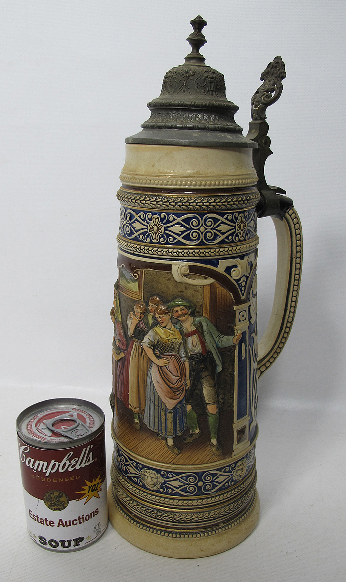 Antique German Beer Stein with Pewter Lid 269 LARGE 2L Relief Tavern