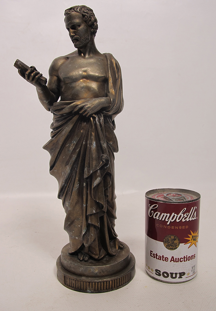 Antique Bronzed Spelter Figural Statue Roman / Greek Man w/ Scroll