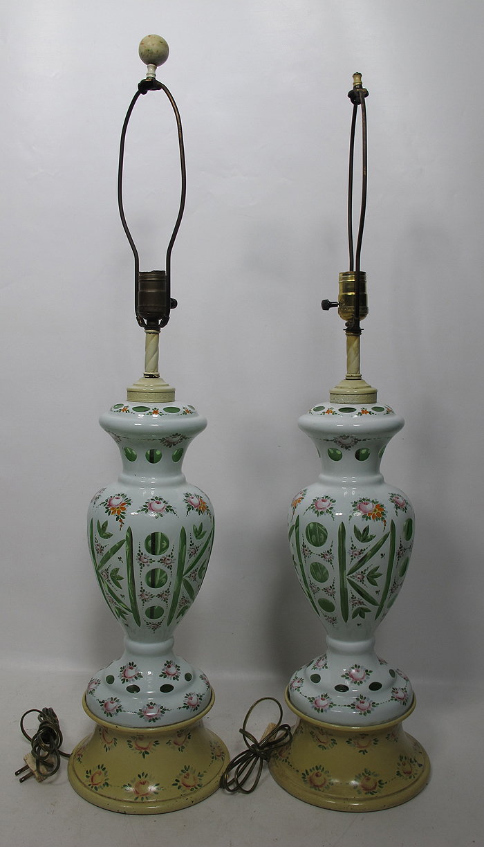2 Antique Czech Bohemian White Cut to Green Floral Enamel Crystal Lamp